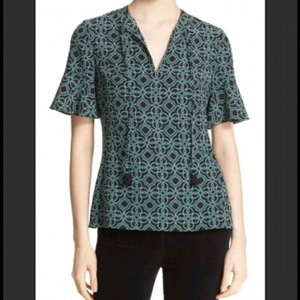 Tory Burch Massey Tunic Split Neck Print Silk Short Sleeve Top